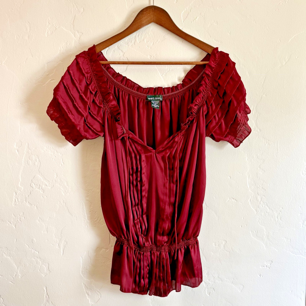 Vintage 90s y2k Wet Seal Size XS Top - Maroon Silk Feel Blouse Ruched Tie Front